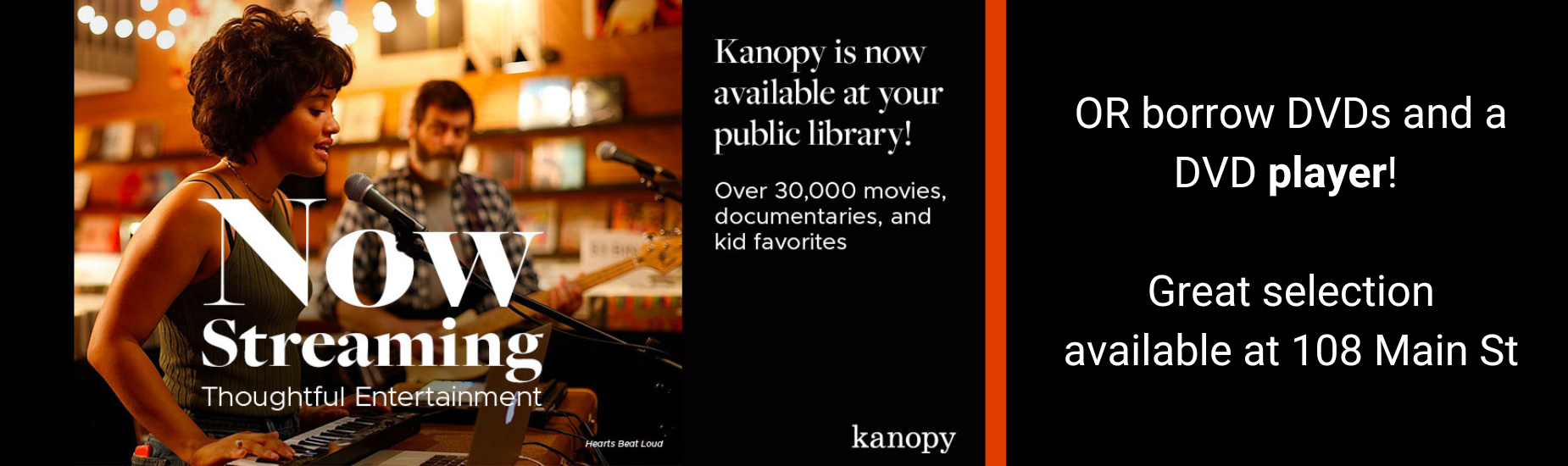 Kanopy streaming service available; DVD player for loan